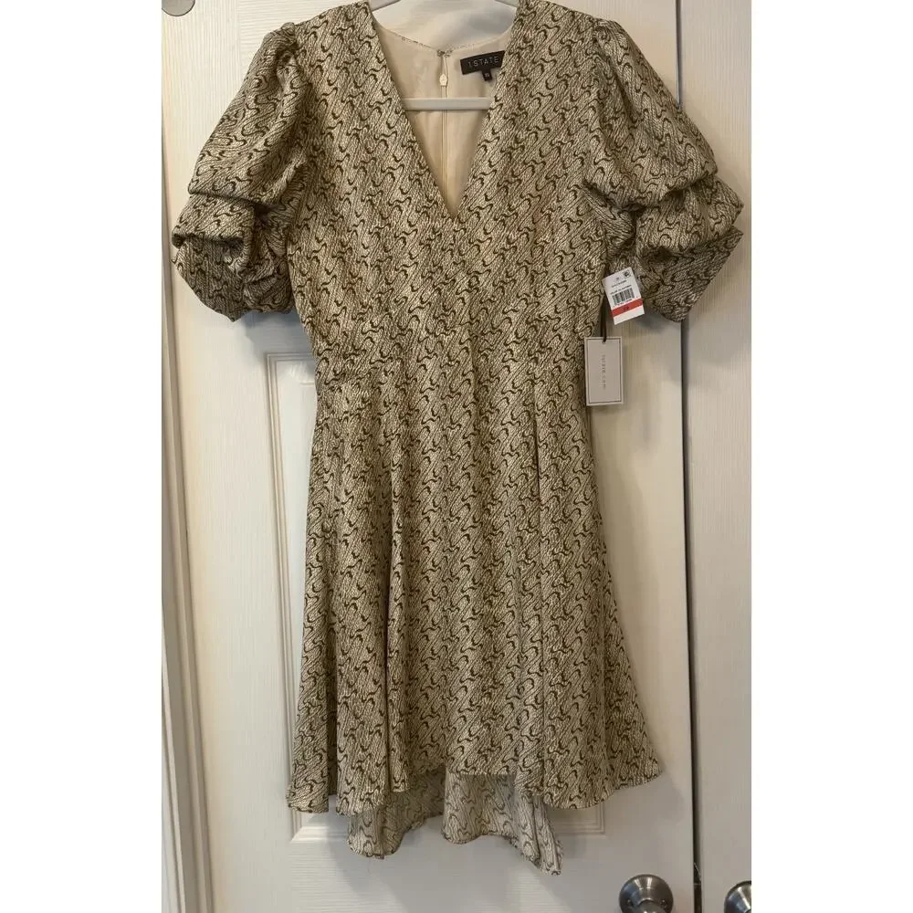 1.State NWT V-Neck Mini Dress Sz XS Oatmeal Bubble‎ Puff Sleeve Hi-Low Hem Swing